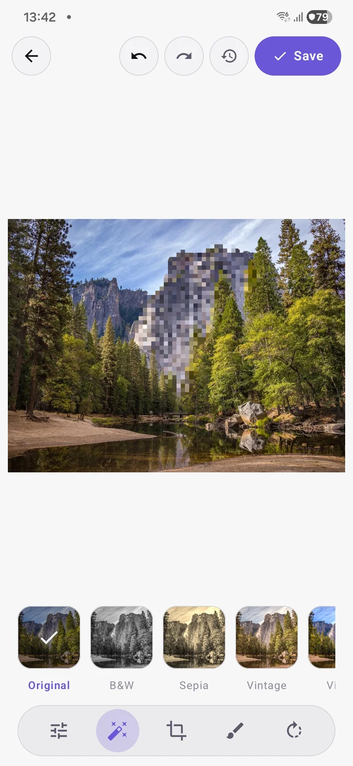Built-in photo editor with the Pixelate redact tool active to hide sensitive areas