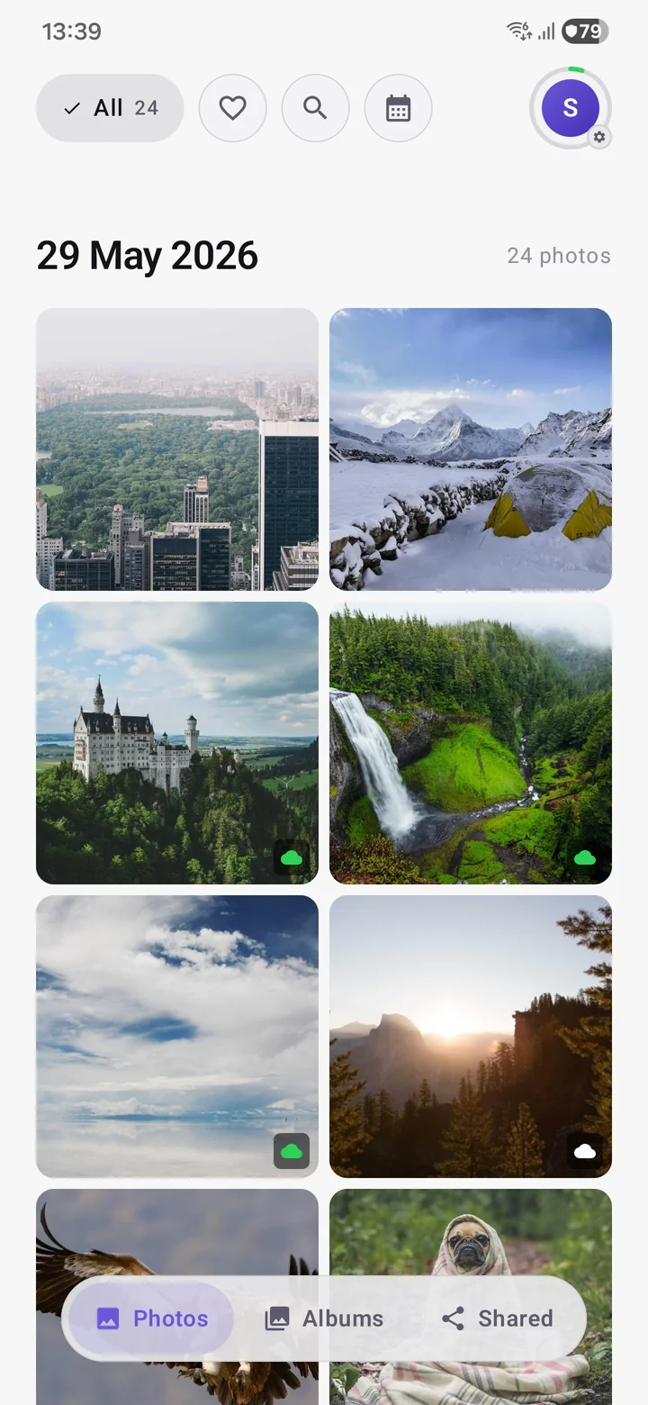Gallery view in Photos for Proton showing a timeline grid of synced and device-only photos