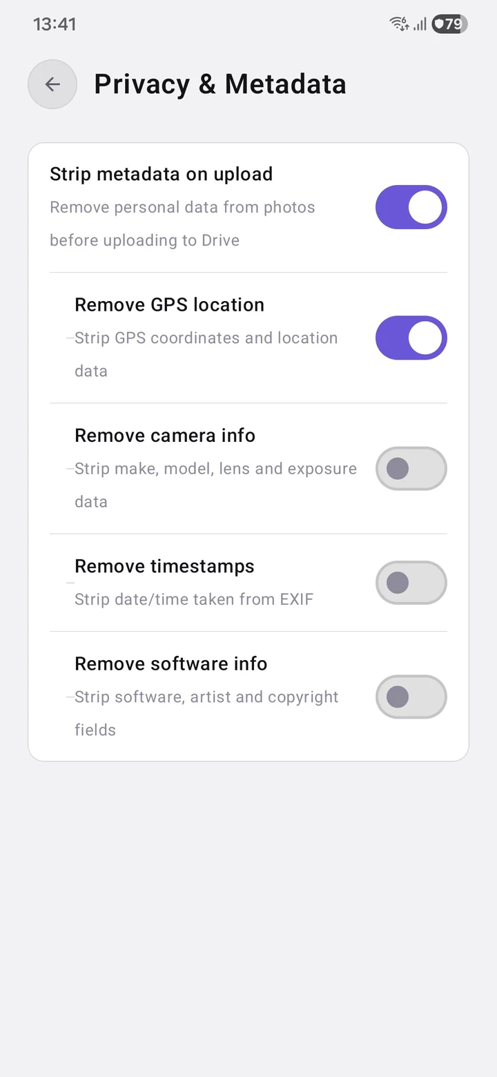 Privacy & Metadata screen with the master Strip-on-upload toggle and per-field switches for GPS, camera info, timestamps, and software info