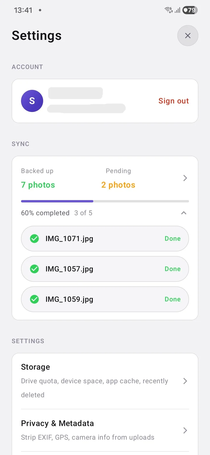 Settings screen showing live backup progress with a per-file pill list and a percent indicator